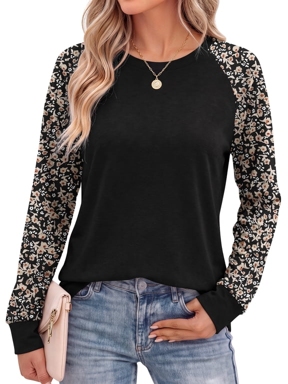 Women Long Sleeve Shirts Color Block Casual Tops Crewneck Fashion Fall Clothes