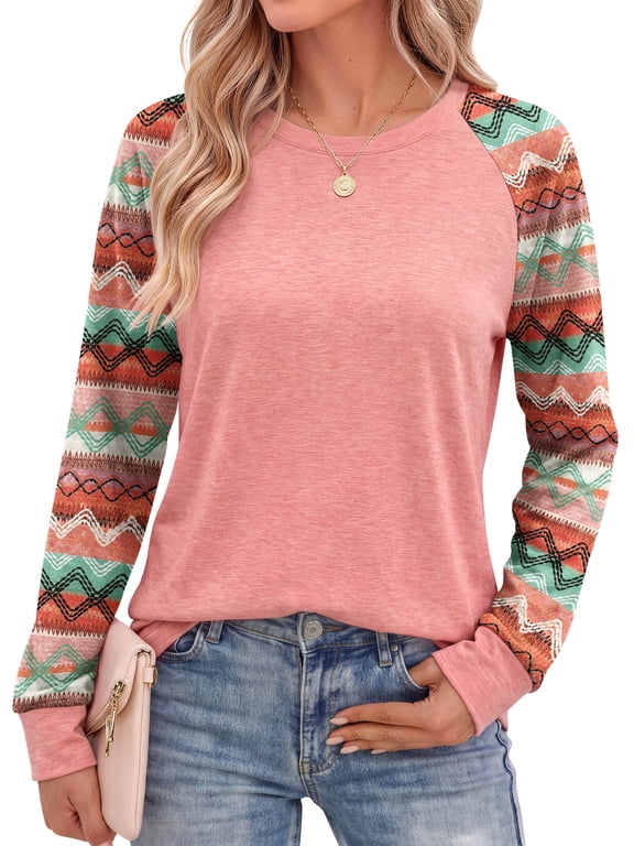 Women Long Sleeve Shirts Color Block Casual Tops Crewneck Fashion Fall Clothes