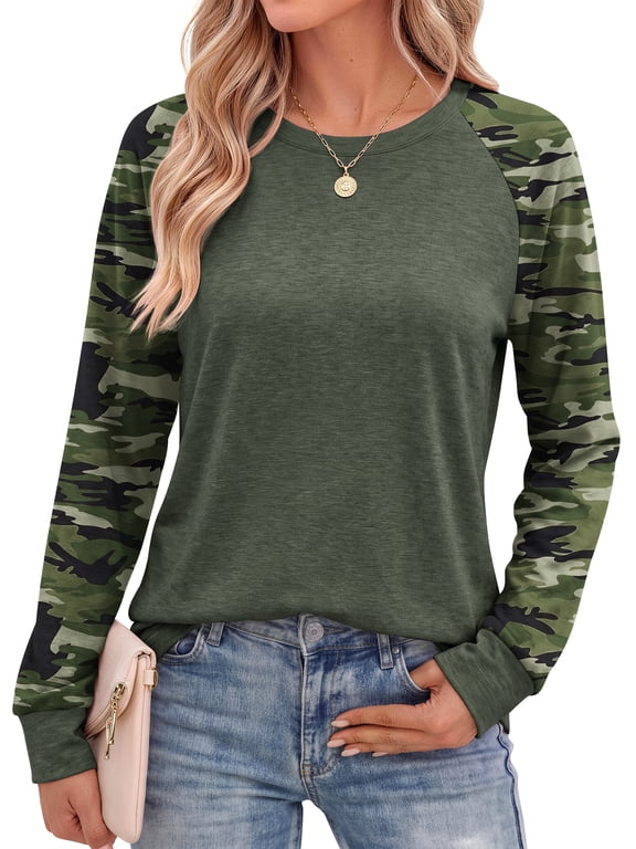 Women Long Sleeve Shirts Color Block Casual Tops Crewneck Fashion Fall Clothes