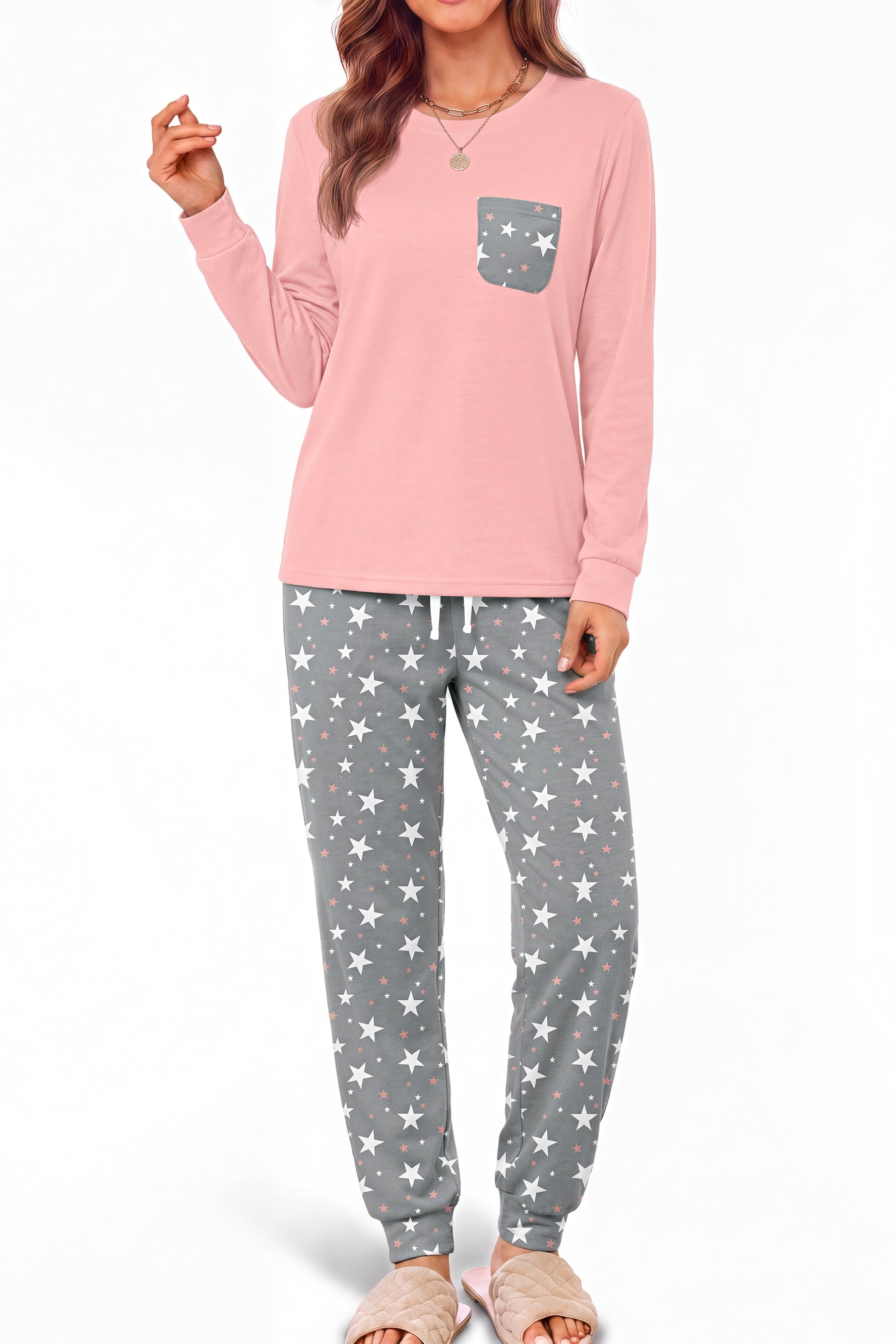Women Pajama Sets 2 Piece Long Sleeve Pajama Sets With Long Printed Jogger Pants Sleepwear Loose Lounge Sets