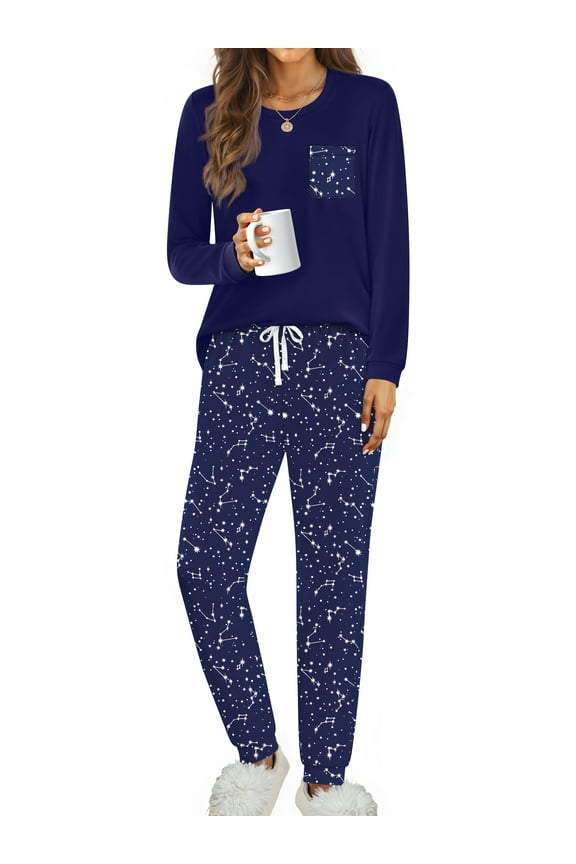 Women Pajama Sets 2 Piece Long Sleeve Pajama Sets With Long Printed Jogger Pants Sleepwear Loose Lounge Sets