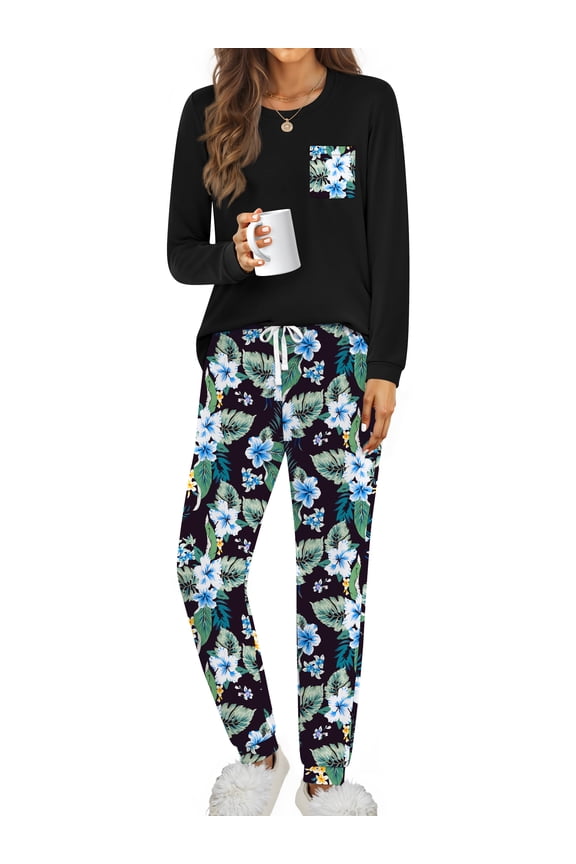 Women Pajama Sets 2 Piece Long Sleeve Pajama Sets With Long Printed Jogger Pants Sleepwear Loose Lounge Sets