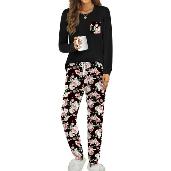 Fantaslook Women Pajama Sets 2 Piece Long Sleeve Pajama Sets With Long Printed Jogger Pants Sleepwear Loose Lounge Sets