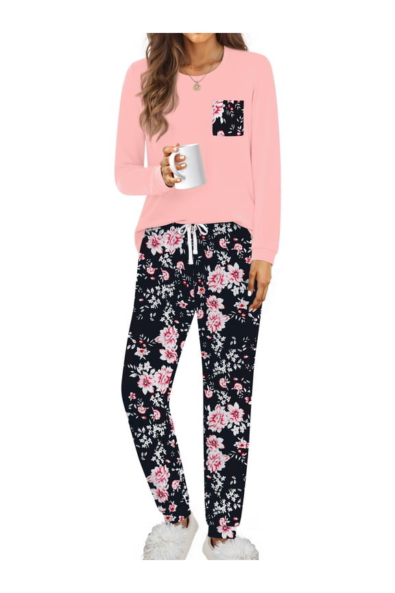 Women Pajama Sets 2 Piece Long Sleeve Pajama Sets With Long Printed Jogger Pants Sleepwear Loose Lounge Sets