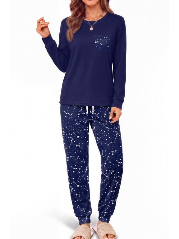 Women Pajama Sets 2 Piece Long Sleeve Pajama Sets With Long Printed Jogger Pants Sleepwear Loose Lounge Sets