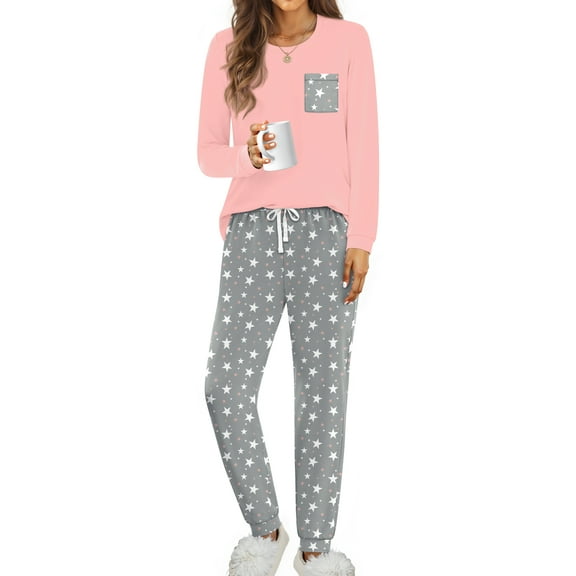 Fantaslook Women Pajama Sets 2 Piece Long Sleeve Pajama Sets With Long Printed Jogger Pants Sleepwear Loose Lounge Sets