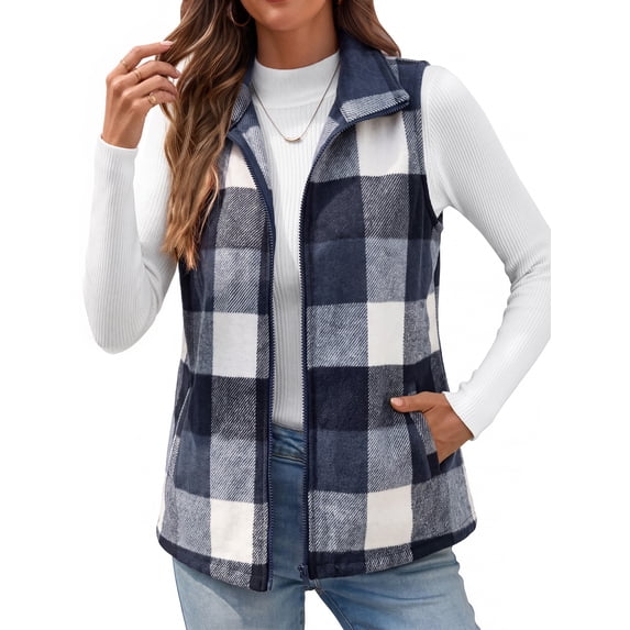 Fantaslook Women Plaid Outwear Vest Lightweight Sleeveless Jackets Zipper Fall Winter Coats with Pockets