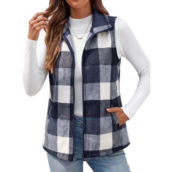 Fantaslook Women Plaid Outerwear Vest Lightweight Sleeveless Jackets Zipper Fall Winter Coats with Pockets
