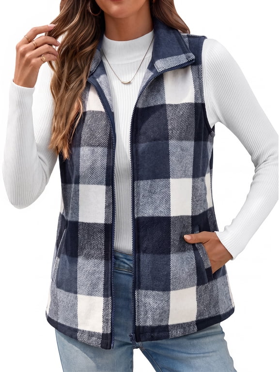 Women Plaid Outerwear Vest Lightweight Sleeveless Jackets Zipper Fall Winter Coats with Pockets