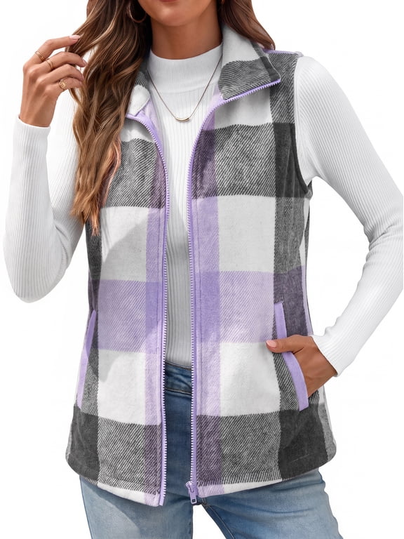 Women Plaid Outwear Vest Lightweight Sleeveless Jackets Zipper Fall Winter Coats with Pockets