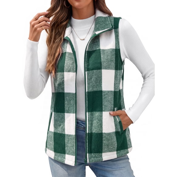 Fantaslook Women Plaid Outwear Vest Lightweight Sleeveless Jackets Zipper Fall Winter Coats with Pockets
