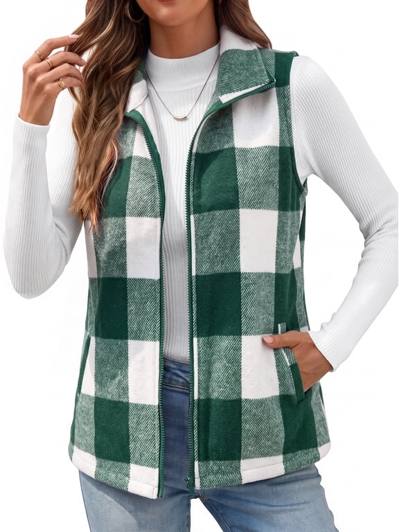 Women Plaid Outerwear Vest Lightweight Sleeveless Jackets Zipper Fall Winter Coats with Pockets