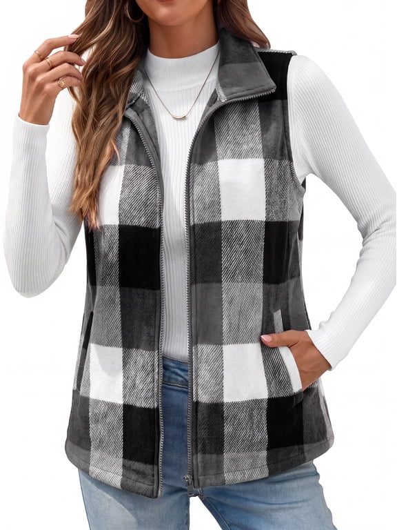 Women Plaid Outwear Vest Lightweight Sleeveless Jackets Zipper Fall Winter Coats with Pockets