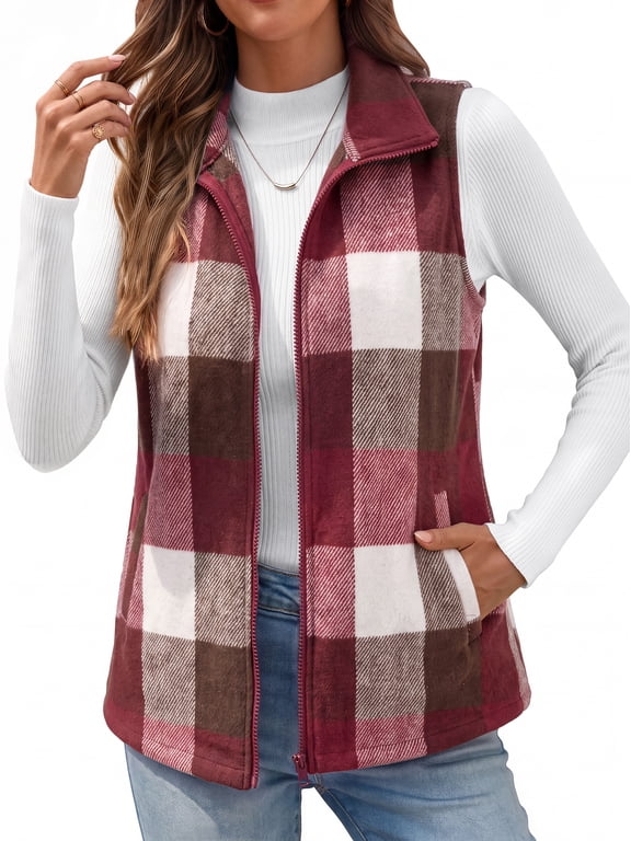 Women Plaid Outerwear Vest Lightweight Sleeveless Jackets Zipper Fall Winter Coats with Pockets