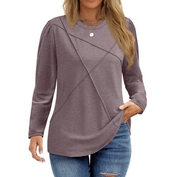 Fantaslook Women Plus Size Tops Pleated Crewneck Long Sleeve Shirts Dressy Casual Blouses Fall Tunic Tops