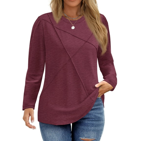 Fantaslook Women Plus Size Tops Pleated Crewneck Long Sleeve Shirts Dressy Casual Blouses Fall Tunic Tops