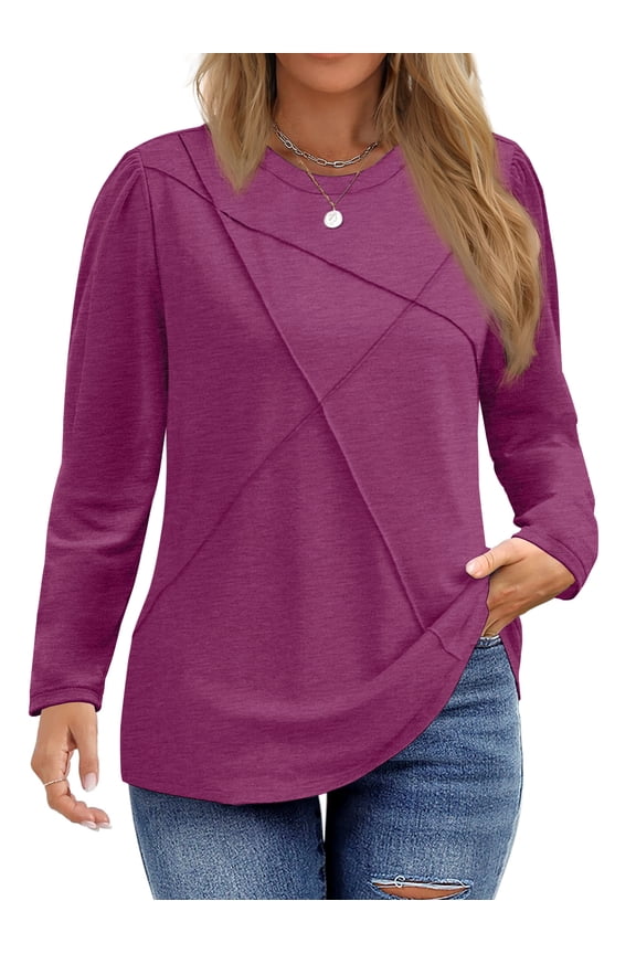 Women Plus Size Tops Pleated Crewneck Long Sleeve Shirts Dressy Casual Blouses Fall Tunic Tops