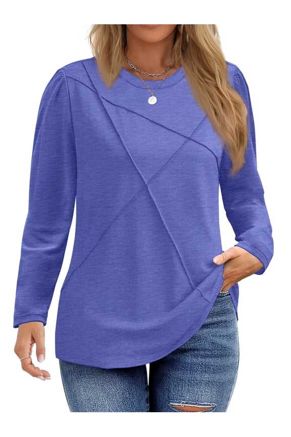 Women Plus Size Tops Pleated Crewneck Long Sleeve Shirts Dressy Casual Blouses Fall Tunic Tops