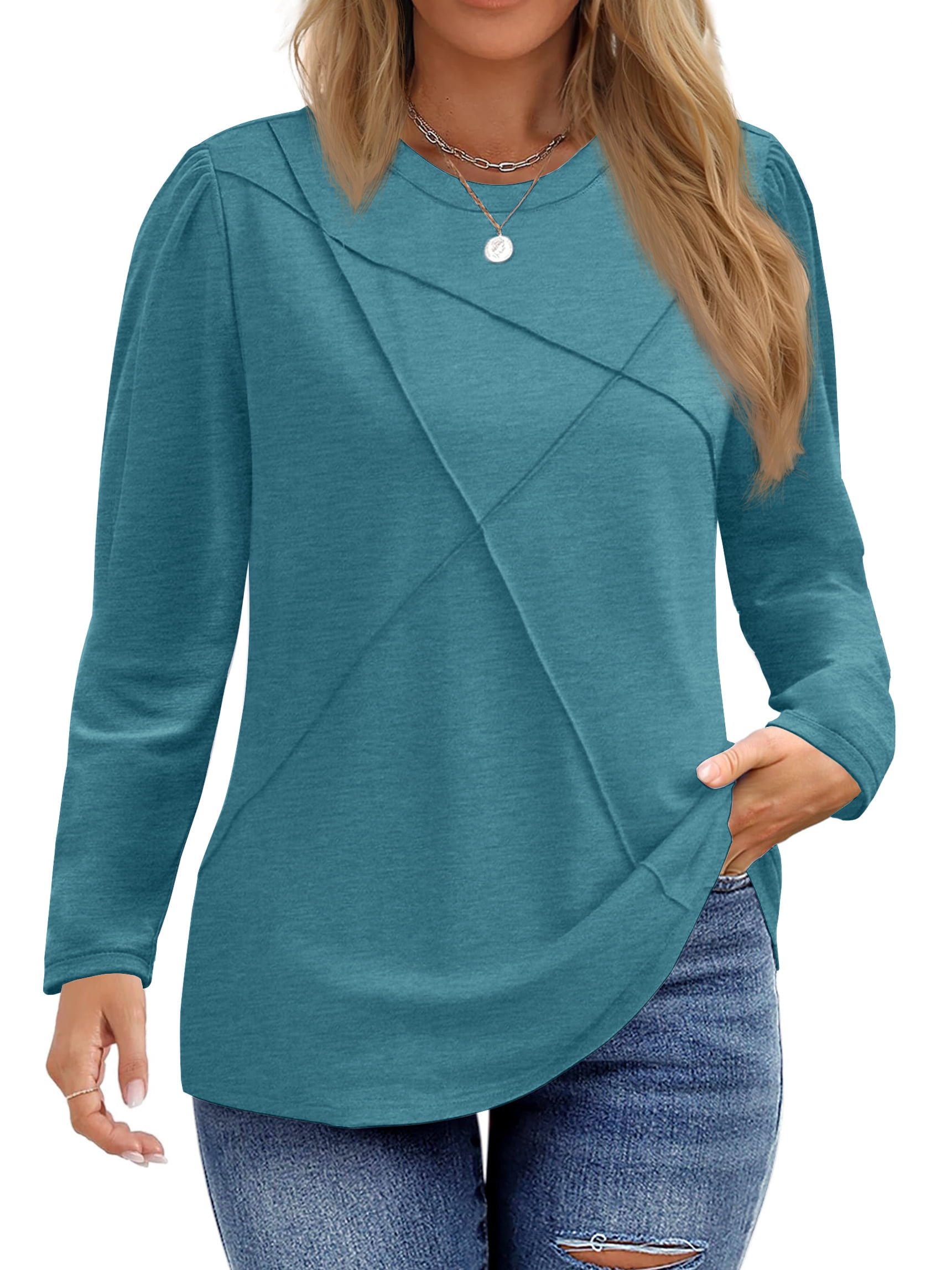 Women Plus Size Tops Pleated Crewneck Long Sleeve Shirts Dressy Casual Blouses Fall Tunic Tops