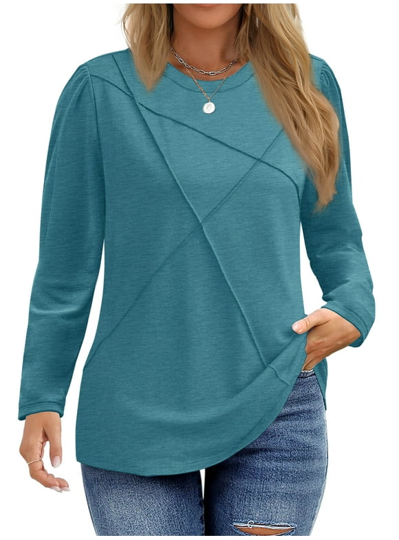 Women Plus Size Tops Pleated Crewneck Long Sleeve Shirts Dressy Casual Blouses Fall Tunic Tops