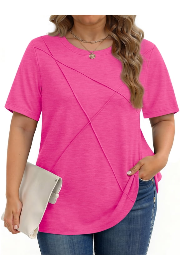 Women Plus Size Tops Pleated Crewneck Short Sleeve Shirts Casual Summer Tops