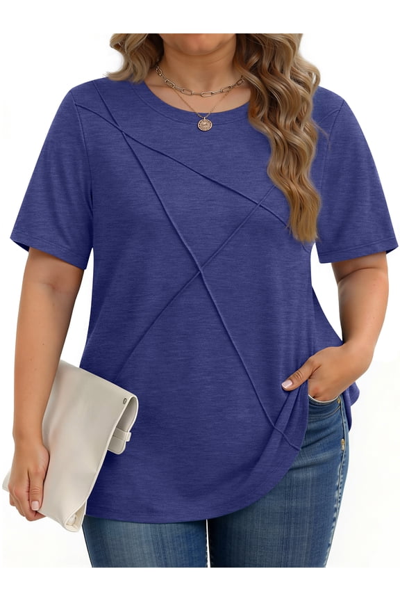 Women Plus Size Tops Pleated Crewneck Short Sleeve Shirts Casual Summer Tops