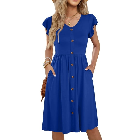Fantaslook Women Summer Dresses V Neck Ruffle Sleeve Casual Flowy Sundresses Button Floral Midi Dress with Pockets