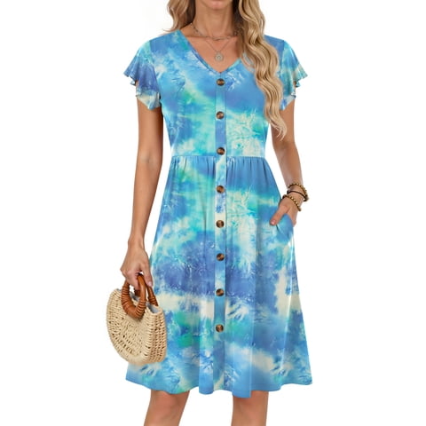Women Summer Dresses V Neck Ruffle Sleeve Casual Flowy Sundresses Button Floral Midi Dress with Pockets