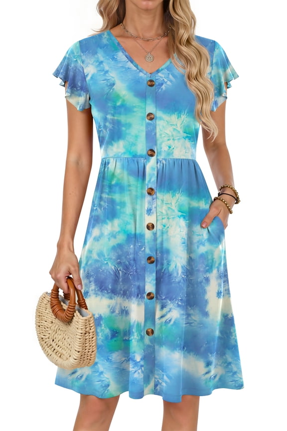 Women Summer Dresses V Neck Ruffle Sleeve Casual Flowy Sundresses Button Floral Midi Dress with Pockets