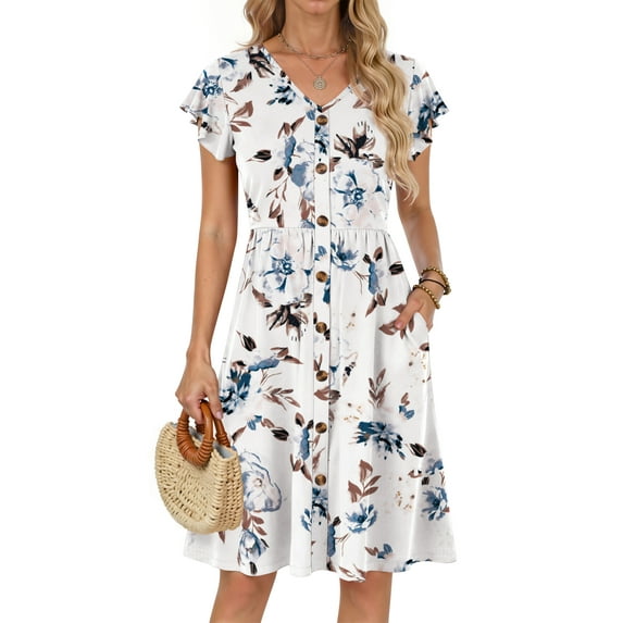 Fantaslook Women Summer Dresses V Neck Ruffle Sleeve Casual Flowy Sundresses Button Floral Midi Dress with Pockets
