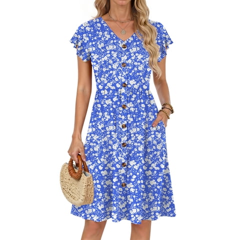 Women Summer Dresses V Neck Ruffle Sleeve Casual Flowy Sundresses Button Floral Midi Dress with Pockets