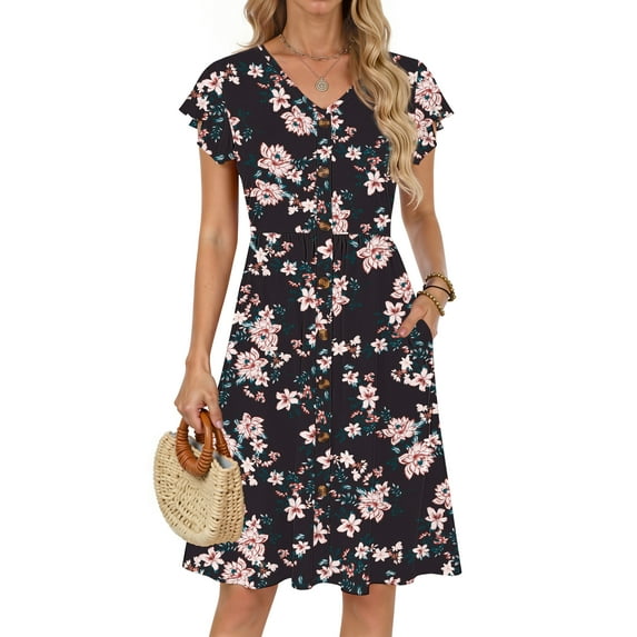 Fantaslook Women Summer Dresses V Neck Ruffle Sleeve Casual Flowy Sundresses Button Floral Midi Dress with Pockets