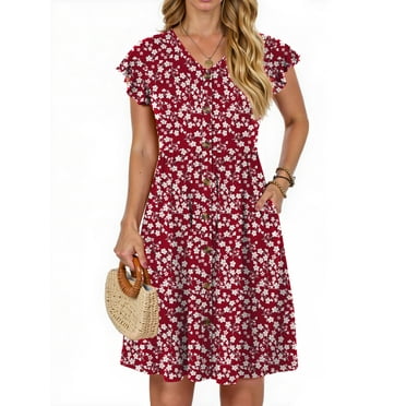 Fantaslook Women Summer Dresses V Neck Ruffle Sleeve Casual Flowy Sundresses Button Floral Midi Dress with Pockets