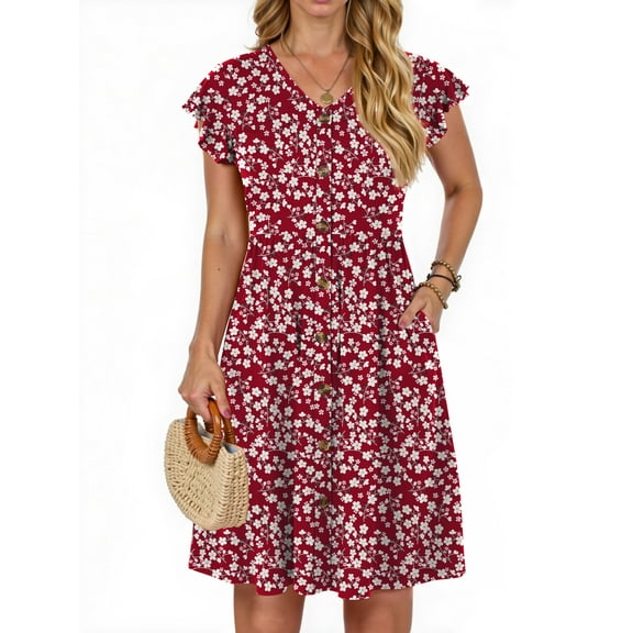 Fantaslook Women Summer Dresses V Neck Ruffle Sleeve Casual Flowy Sundresses Button Floral Midi Dress with Pockets