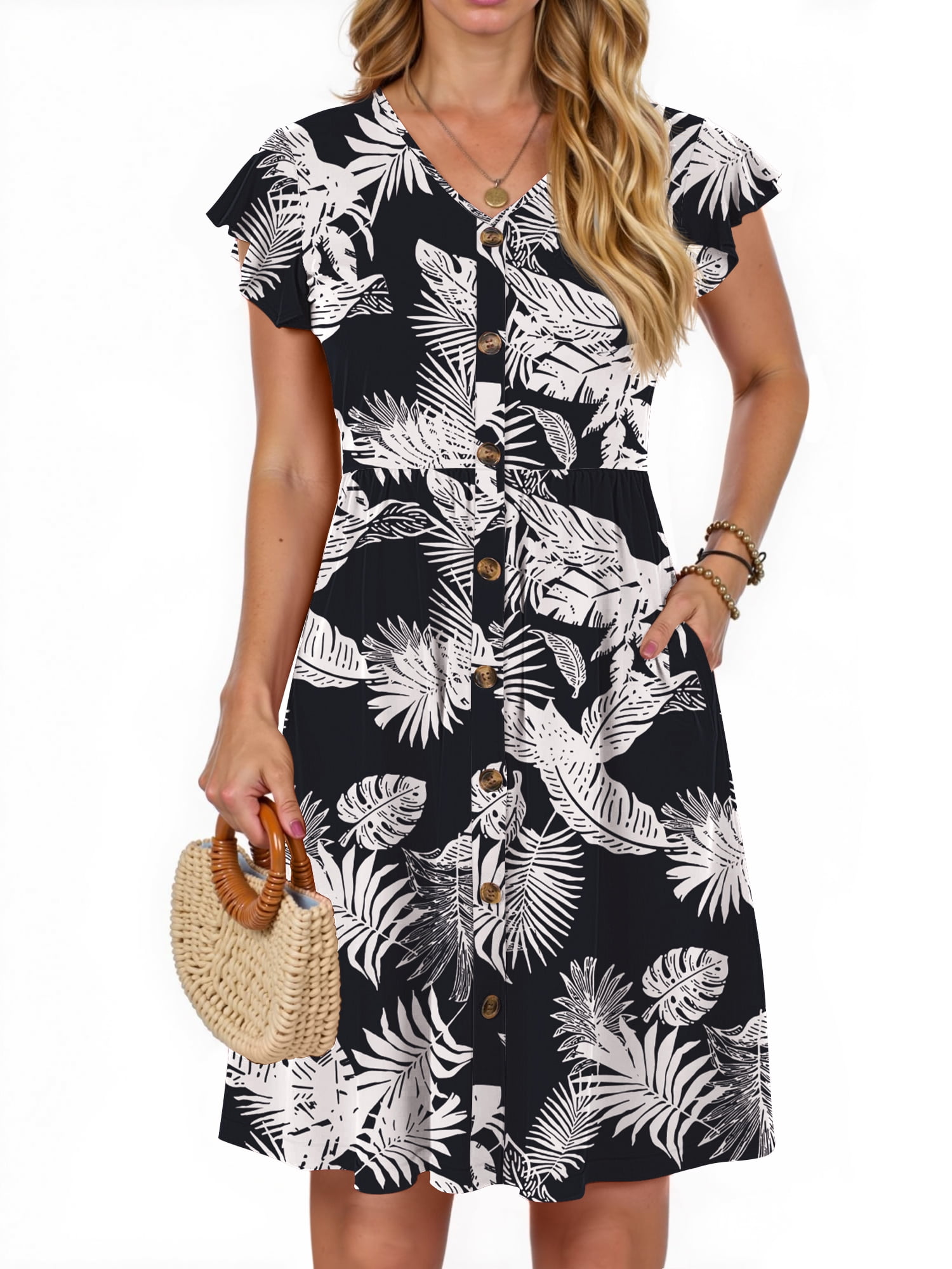Women Summer Ethnic Flower Ramie V-Neck Dress