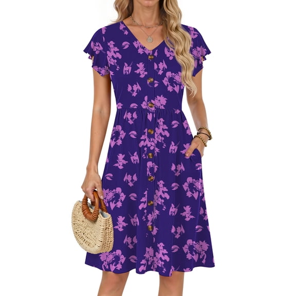 Fantaslook Women Summer Dresses V Neck Ruffle Sleeve Casual Flowy Sundresses Button Floral Midi Dress with Pockets