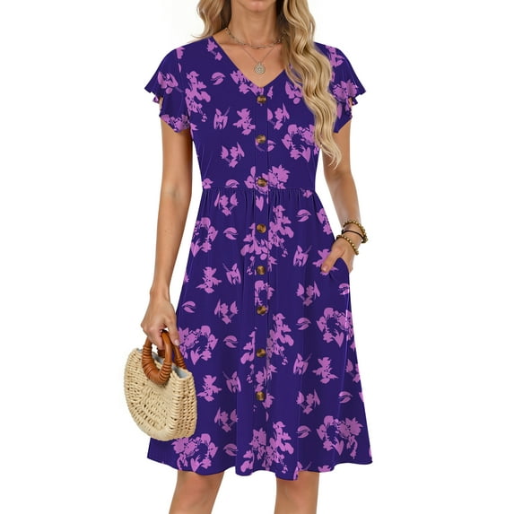 Fantaslook Women Summer Dresses V Neck Ruffle Sleeve Casual Flowy Sundresses Button Floral Midi Dress with Pockets