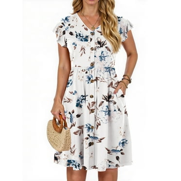 Fantaslook Women Summer Dresses V Neck Ruffle Sleeve Casual Flowy Sundresses Button Floral Midi Dress with Pockets