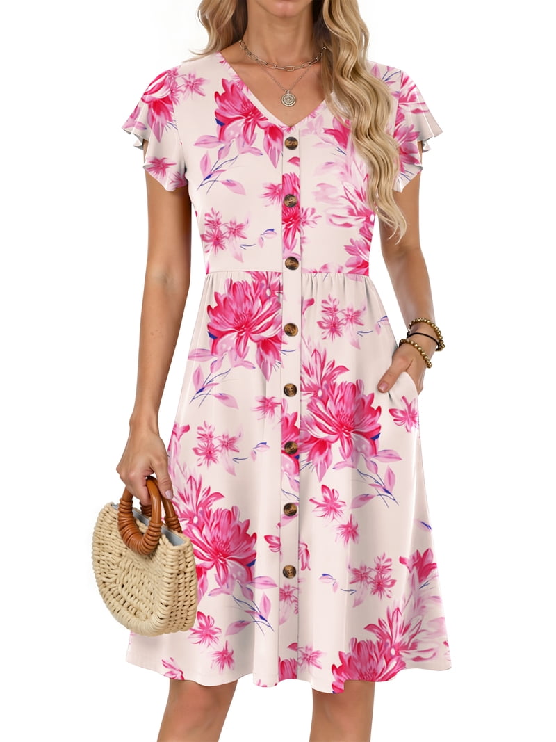 Fantaslook Women Summer Dresses V Neck Ruffle Sleeve Casual Flowy Sundresses Button Floral Midi Dress with Pockets