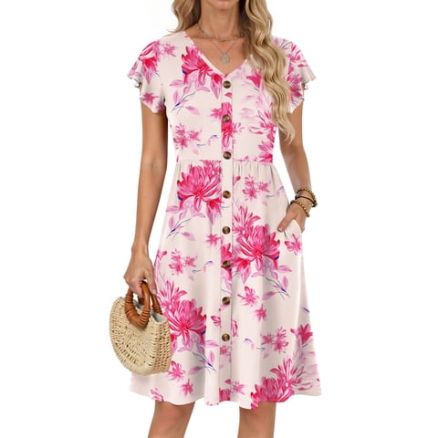 Women Summer Dresses V Neck Ruffle Sleeve Casual Flowy Sundresses Button Floral Midi Dress with Pockets