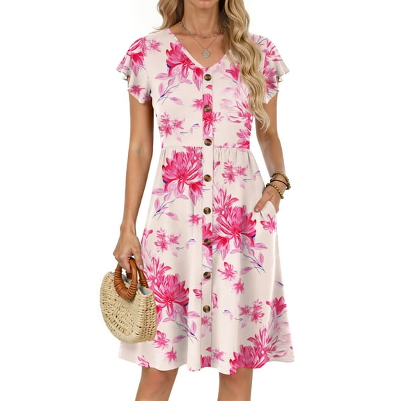 Fantaslook Women Summer Dresses V Neck Ruffle Sleeve Casual Flowy Sundresses Button Floral Midi Dress with Pockets
