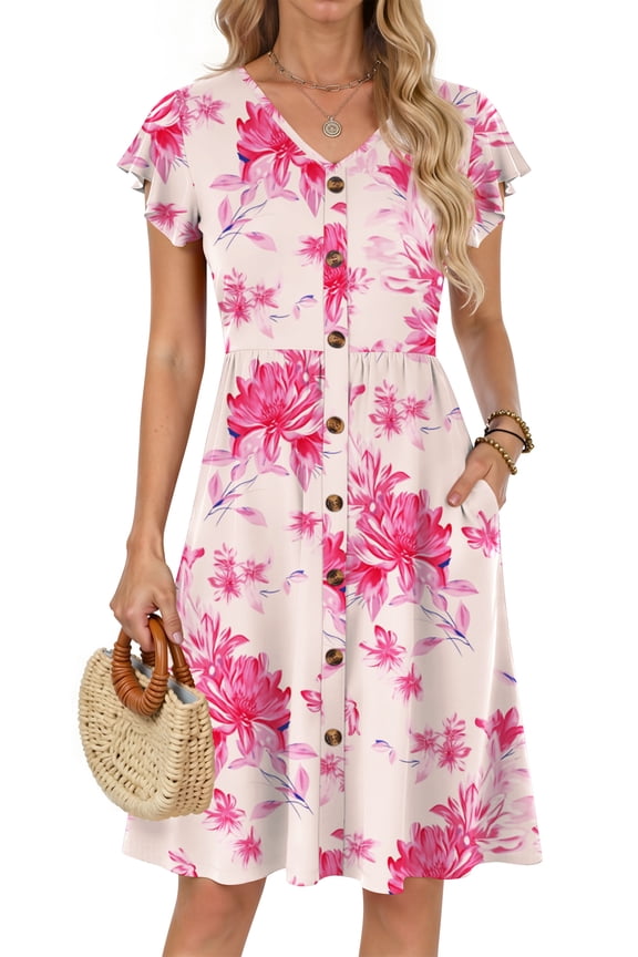 Women Summer Dresses V Neck Ruffle Sleeve Casual Flowy Sundresses Button Floral Midi Dress with Pockets