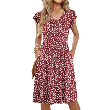 Fantaslook Women Summer Dresses V Neck Ruffle Sleeve Casual Flowy Sundresses Button Floral Midi Dress with Pockets