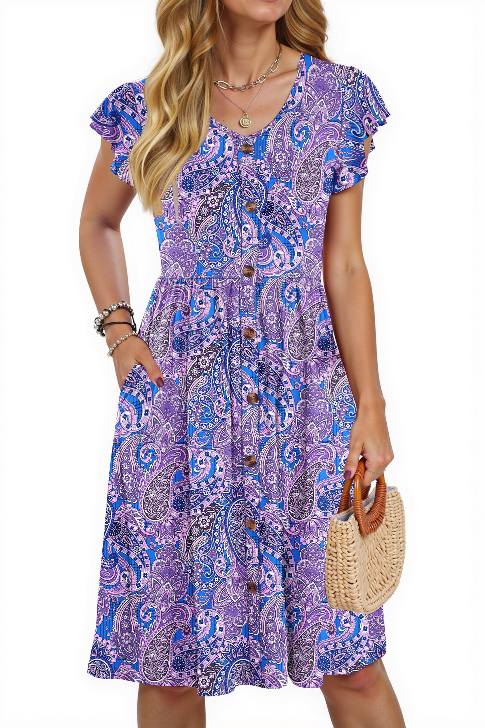 Women Summer Dresses V Neck Ruffle Sleeve Casual Flowy Sundresses Button Floral Midi Dress with Pockets