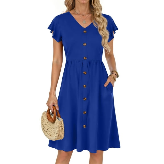 Fantaslook Women Summer Dresses V Neck Ruffle Sleeve Casual Flowy Sundresses Button Floral Midi Dress with Pockets