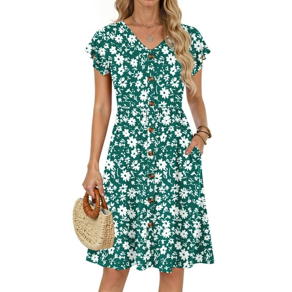 Fantaslook Women Summer Dresses V Neck Ruffle Sleeve Casual Flowy Sundresses Button Floral Midi Dress with Pockets