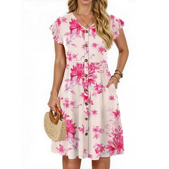 Fantaslook Women Summer Dresses V Neck Ruffle Sleeve Casual Flowy Sundresses Button Floral Midi Dress with Pockets