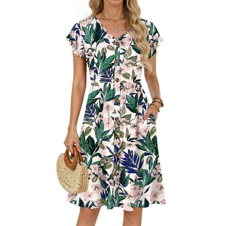Fantaslook Women Summer Dresses V Neck Ruffle Sleeve Casual Flowy Sundresses Button Floral Midi Dress with Pockets