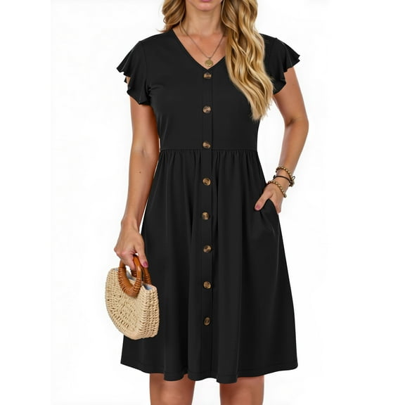 Fantaslook Women Summer Dresses V Neck Ruffle Sleeve Casual Flowy Sundresses Button Floral Midi Dress with Pockets