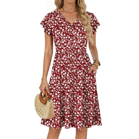 Fantaslook Women Summer Dresses V Neck Ruffle Sleeve Casual Flowy Sundresses Button Floral Midi Dress with Pockets